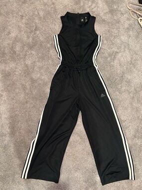 adidas Black Sleeveless Track Jumpsuit with White Side Stripes